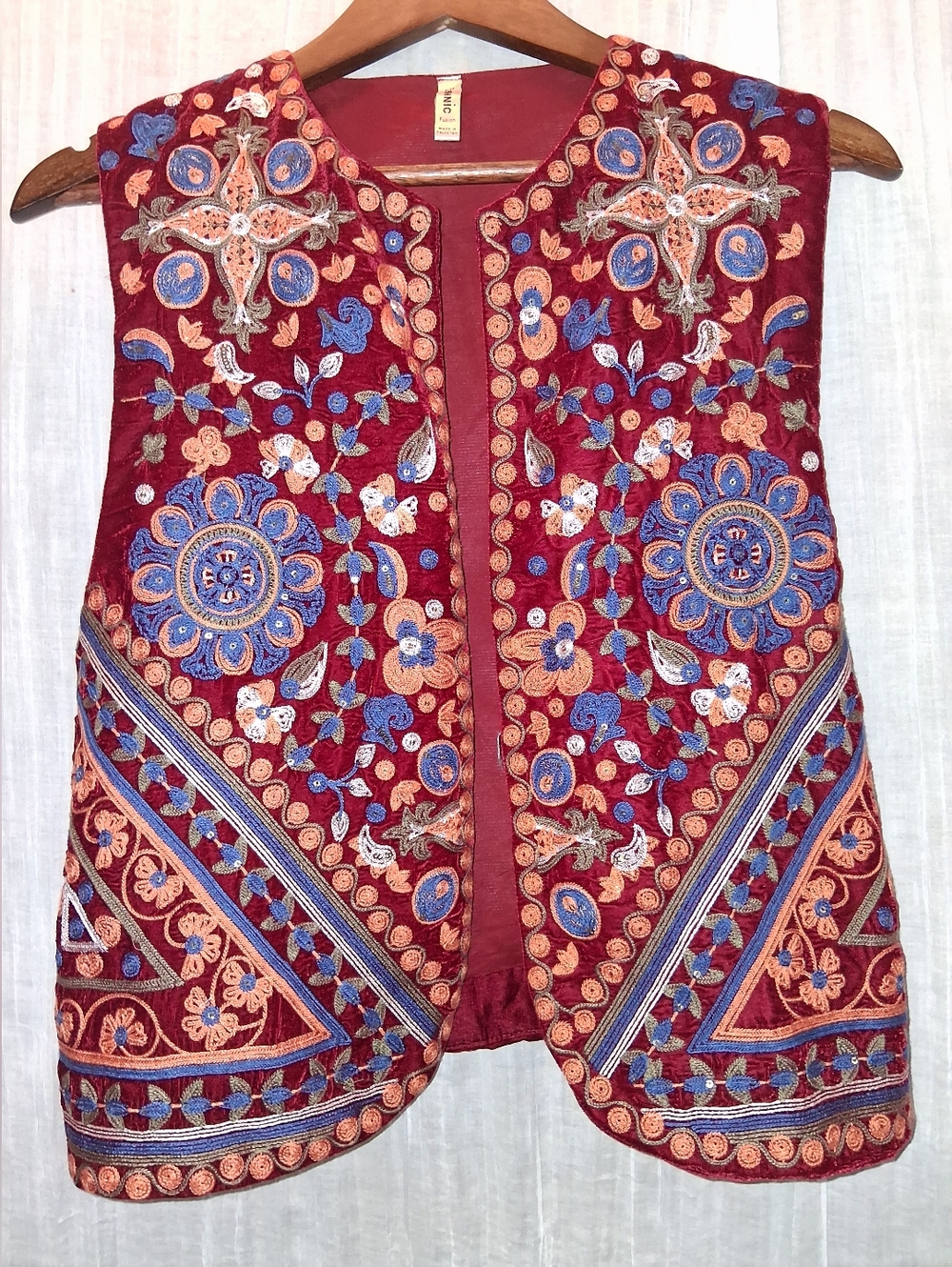 Ethnic Indian Wear Burgundy Embroidered Floral Vest with Blue & Peach Accents